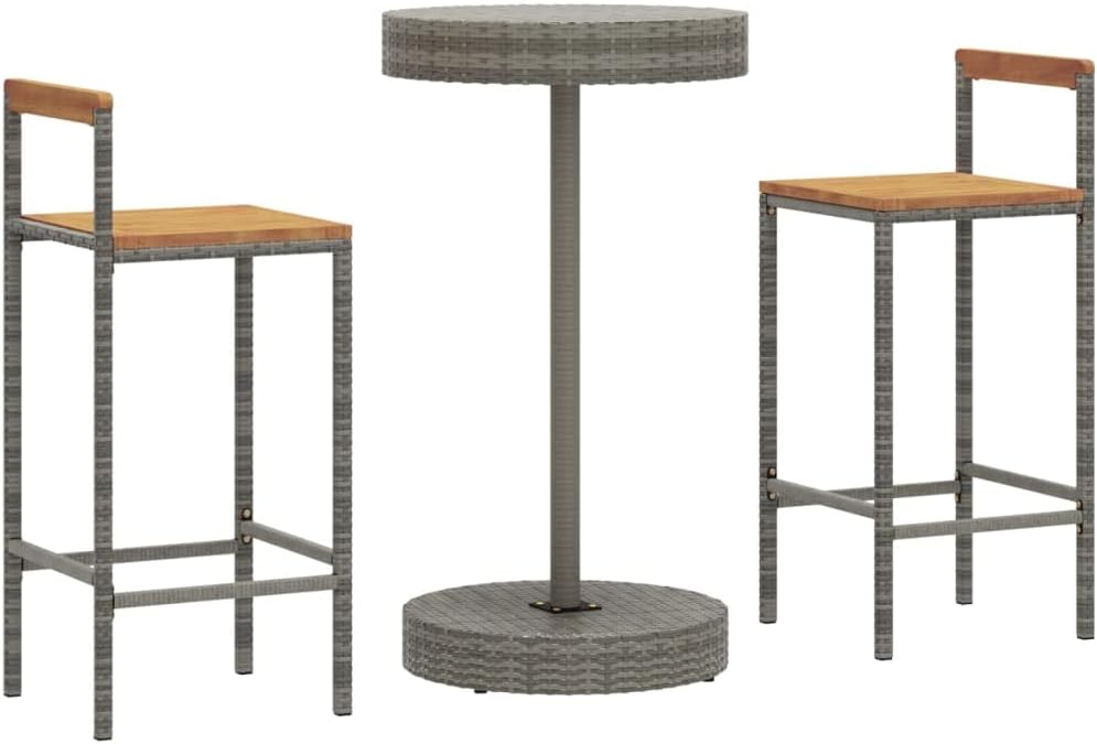 3 Piece Patio Bar Set, Outdoor Table and Chairs Set, Bar Height Table and Chairs Set, Counter Height Bar Stools and Table Set, Gray Poly Rattan&Solid Wood Acacia,-795