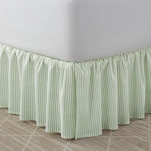 Image of Laura Ashley - Twin Size Ruffled Bed Skirt, Lightweight Cotton Bedding with 14.5 inch Drop & Smooth Hand Feel, College Dorm Room Essentials (Ticking Stripe Sage)