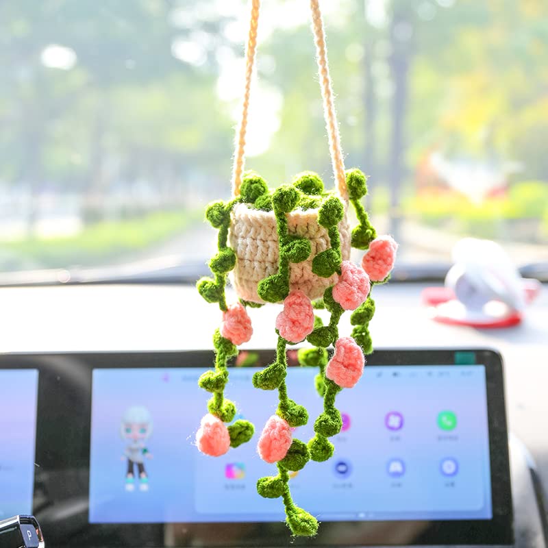 Boho Crochet Hanging Accessories - Cute Pink Plants for Womens Car Mirror — view 3