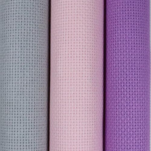 Image of KCS 3 pc of 15 inch x 18 inch(38cmx45cm) 16 Count Cross Stitch Cotton Aida Cloth Needlework Rolled Fabric Box,16CT,Light Grey+Pink+Lavender