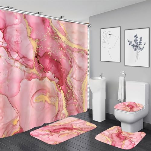 Nkzply 4Pcs Pink Marble Shower Curtain Set Gold Bathroom Sets with Rugs