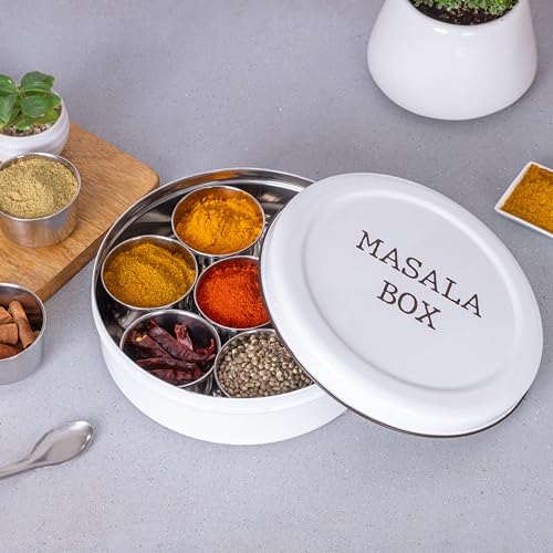 Image of Metallure Home Modern Stainless Steel Masala Box | Masala Dabba with 7 Containers and Spoon | Kitchen Spice Storage Container | Masala Dani (Spoon Included) | Handcrafted Aesthetic Design (White)