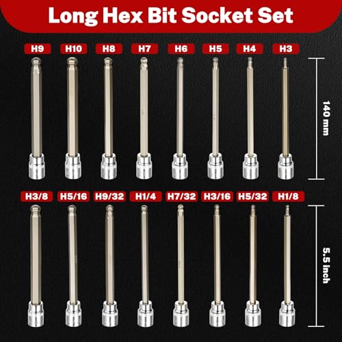 Image of TOMMARS 16-Pc 3 /8 Inch Drive Ball End Long Hex Bit Socket Set | Ball End, Extra Long Allen Socket Set, SAE & Metric 1 /8-3 /8 in., 3-10 mm,CR-V , S2 Steel
