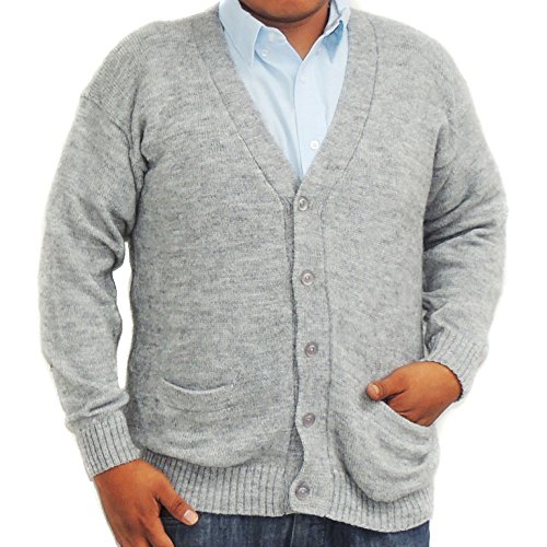 Alpaca Cardigan Golf Sweater Jersey V Neck Buttons and Pockets Made in Peru Silver Grey L