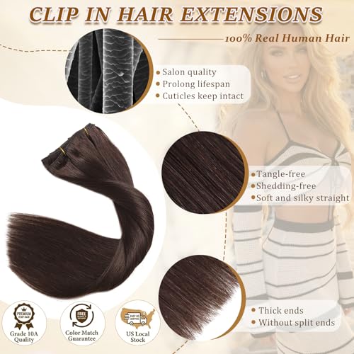 Image of Clip in Hair Extensions Real Human Hair Dark Brown Hair Extensions 16inch | Volume, Seamless Invisible, Human Hair Clip in Extensions, Clip Ins,Silky, Double Weft, 8PCS, 90g, Straight, No Shedding