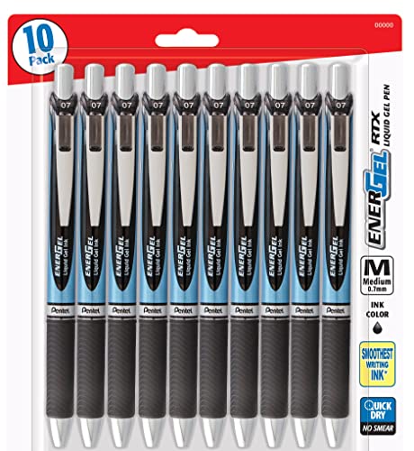 Pentel EnerGel RTX Retractable Premium Liquid Gel Pen, (0.7mm) Needle Tip, Ultra Smooth, Medium Line, Black Ink 10 Pack