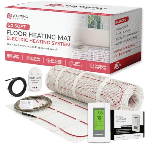 Warming Systems 50 Sqft Electric Radiant Floor Heating Mat – 120V Heated Tile Floor System with Programmable Thermostat (TH115), Floor Sensor, Installation Monitor & 25 Year Warranty, USA Made