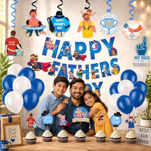 Image of Festiko Father's Day Decoration Kit for Celebration Party, Super Dad Banner with Balloons, Cake Topper & Photo Booth Props for Fathers Day Surprise Decoration Supplies for Home Party