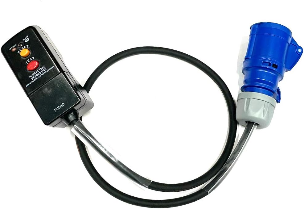 13 Amp RCD Safety Plug to 16 Amp Socket Adaptor - PCE Blue - Heavy Duty H07RN-F Rubber Cable - 13A-16A Adapter Converter Lead (1 Metre)