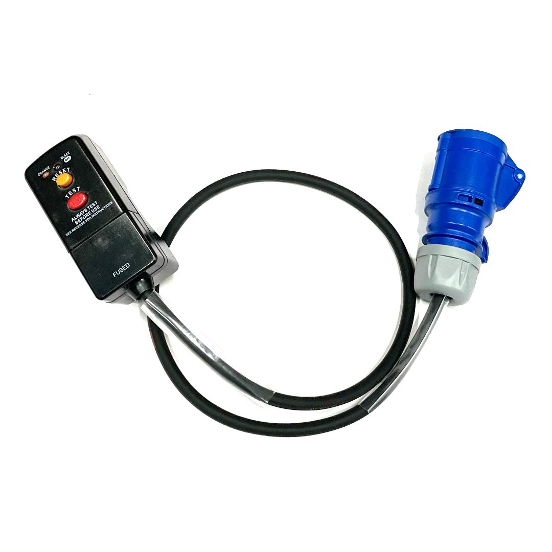 13 Amp RCD Safety Plug to 16 Amp Socket Adaptor - PCE Blue - Heavy Duty H07RN-F Rubber Cable - 13A-16A Adapter Converter Lead (1 Metre)