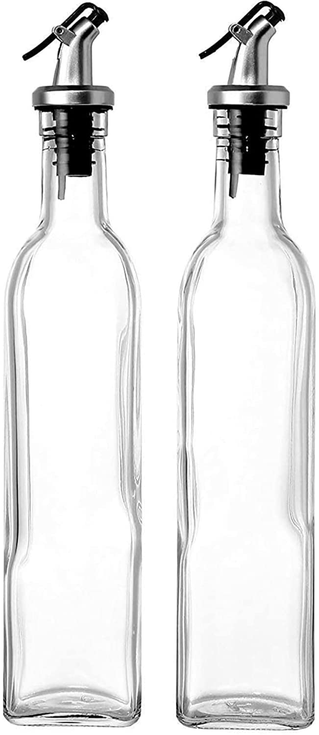 Italian Glass Olive Oil Dispenser Bottle Set for Kitchen with Stainless Steel Spout | 16oz Crystal Clear Cooking Oil and Vinegar Dispenser Set of 2 | 500ml