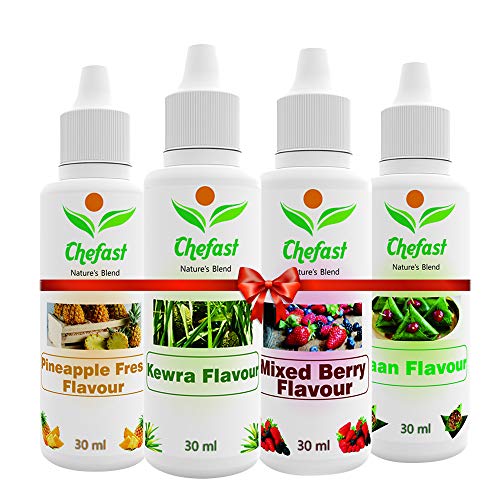 Image of Chefast Pack of 4 Baking Essence Flavour of Kewra, Paan, Pineapple Fresh, Mixed Berry for Cake, Ice-Cream, Milkshakes- 30ML ( Use 2-3 Drops Essence for 250 Grm Cake) This is Flavour only,Not a Color
