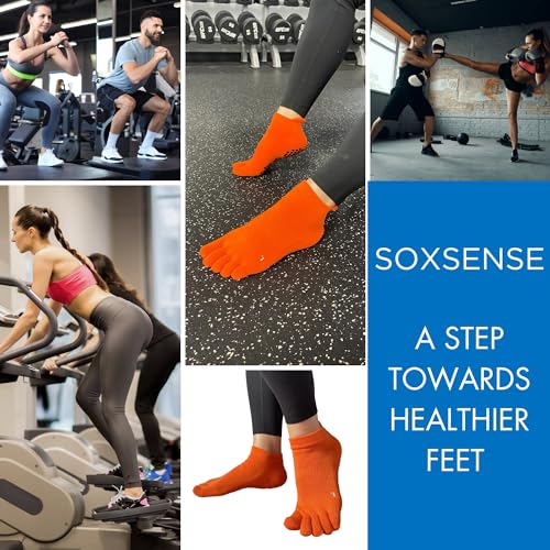 Image of Soxsense Multi-Pack Sports Grip Toe Socks with Cushion, Non-Slip Finger Socks for Pilates, Home Gym, Soccer, basketball