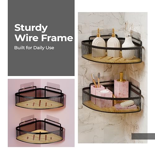 Image of Lifelong Bathroom Corner Shelf for Storage | Pack of 2 | Mesh Wire Basket with Bamboo Tray | Dual Installation - Adhesive Sticker & Screws | Strong and Durable, Easy Install (Black, LLHIBCB01)