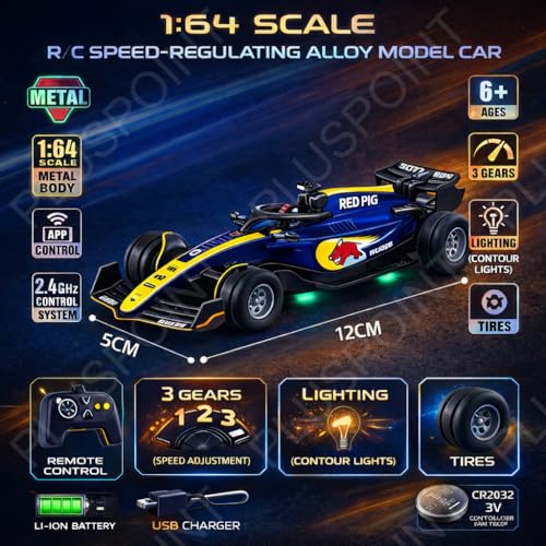 Image of PLUSPOINT 1:64 Die-cast Metal F1 RC Mini Racing car with LED Lights | 2.4GHz Remote Control Car | 3 Speed Adjustable, USB Rechargeable Alloy RC Car for Kids & Adults Indoor /Outdoor Racing