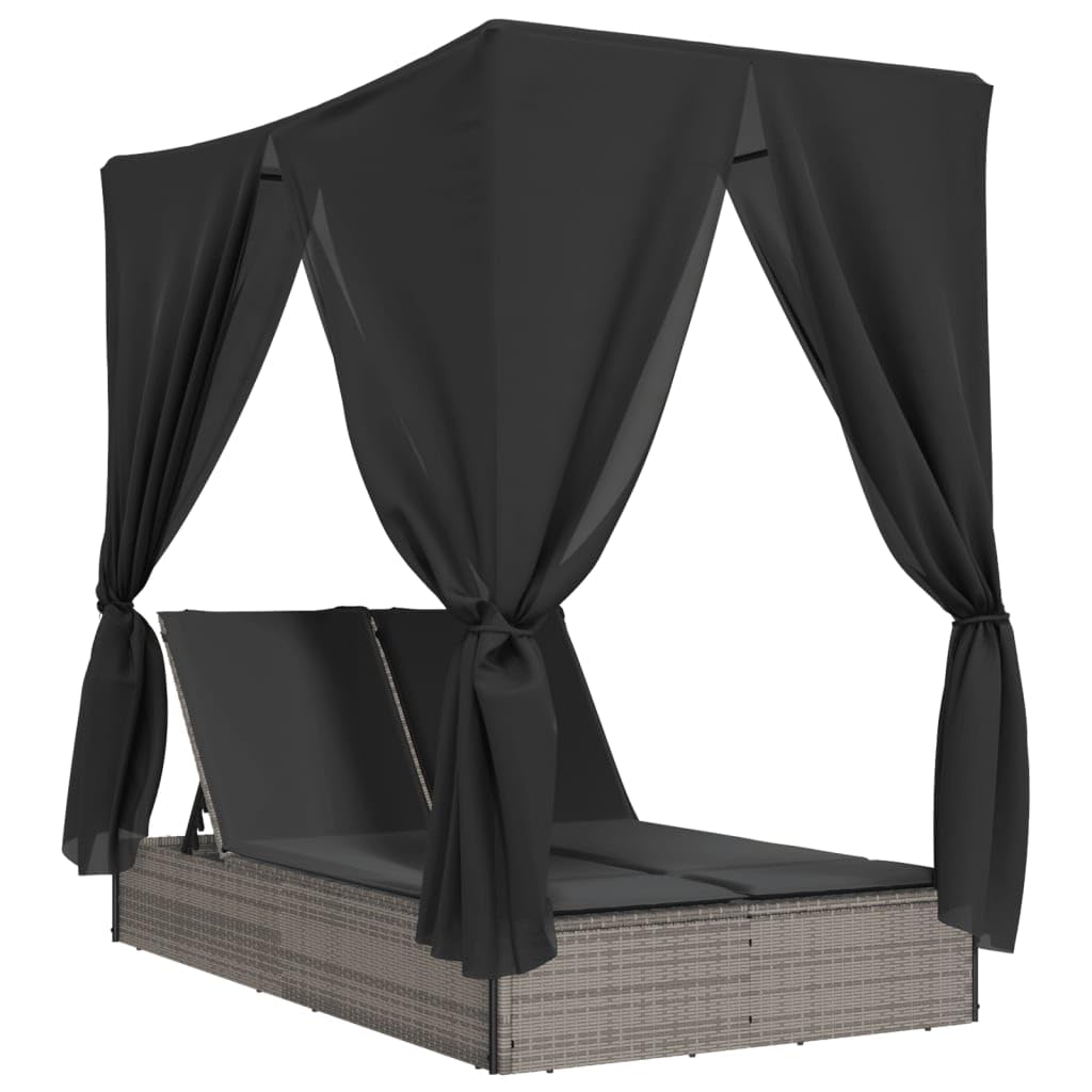 HUAKEHOM Doppelliege mit Dach und Vorhängen Sonnenliege Gartenliege Verstellbare Rückenlehne Relaxliege Sonneninsel Liege Gartenmöbel Grau Poly Rattan