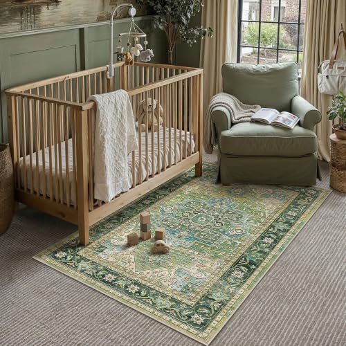 PureCozy Vintage Teppich Wohnzimmer 120x170cm Grün Waschbar Carpet Rug | Waschbarer Retro Teppich,Weich,Rutschfest Kurzflor,Groß,für Wohnzimmer,Schlafzimmer, Esszimmer,Büro,Carpet,Teppiche