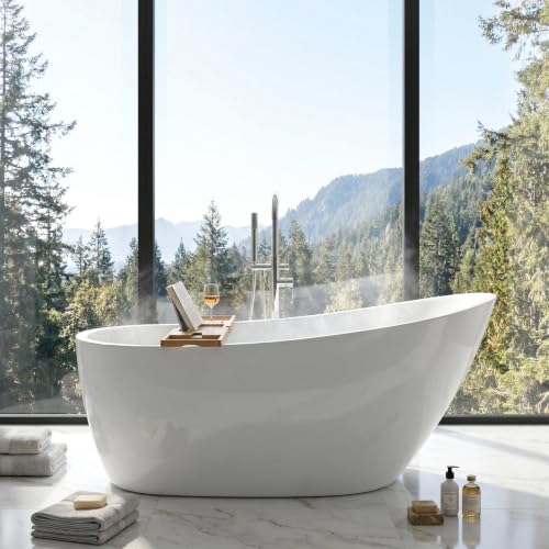 59' Acrylic Freestanding Bathtub, 15' Deep Double-Walled Insulated Soaking Tub with Ergonomic High...