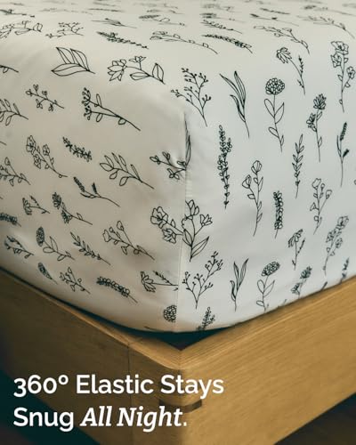 Image of Split King 5 Piece Floral Sheet Set - Soft, Breathable & Cooling - Plants | 1 Flat, 2 Fitted & 2 Pillowcases w / Deep Pockets, Boho Botanical Floral Bedding, Breathable & Cooling, Wrinkle & Fade Free