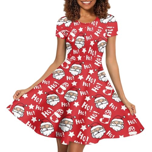 Image of POLERO Women Puffy Swing Elegant Party Midi Dresses Short Sleeve Round Neck A-Line Dress