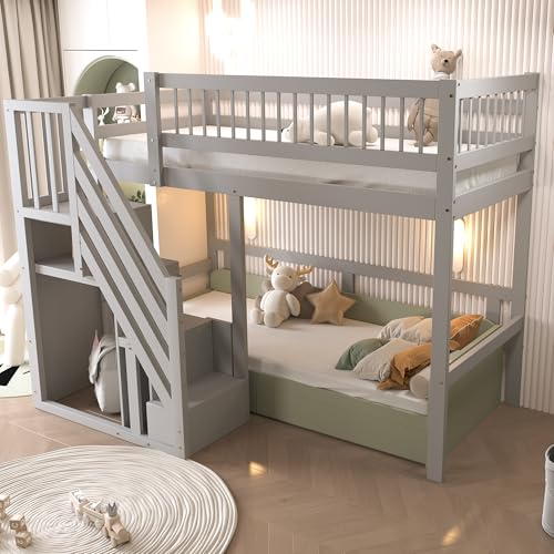 Kinderbett Etagenbett 90 x 200 cm, Hochbett mit Treppe und Aufbewahrungsschrank, Multifunktionsbett Einzelbett Stockbett Spielbett Kinderhochbett Jugendhochbett, Massivholz, Ohne Matratze, Grau