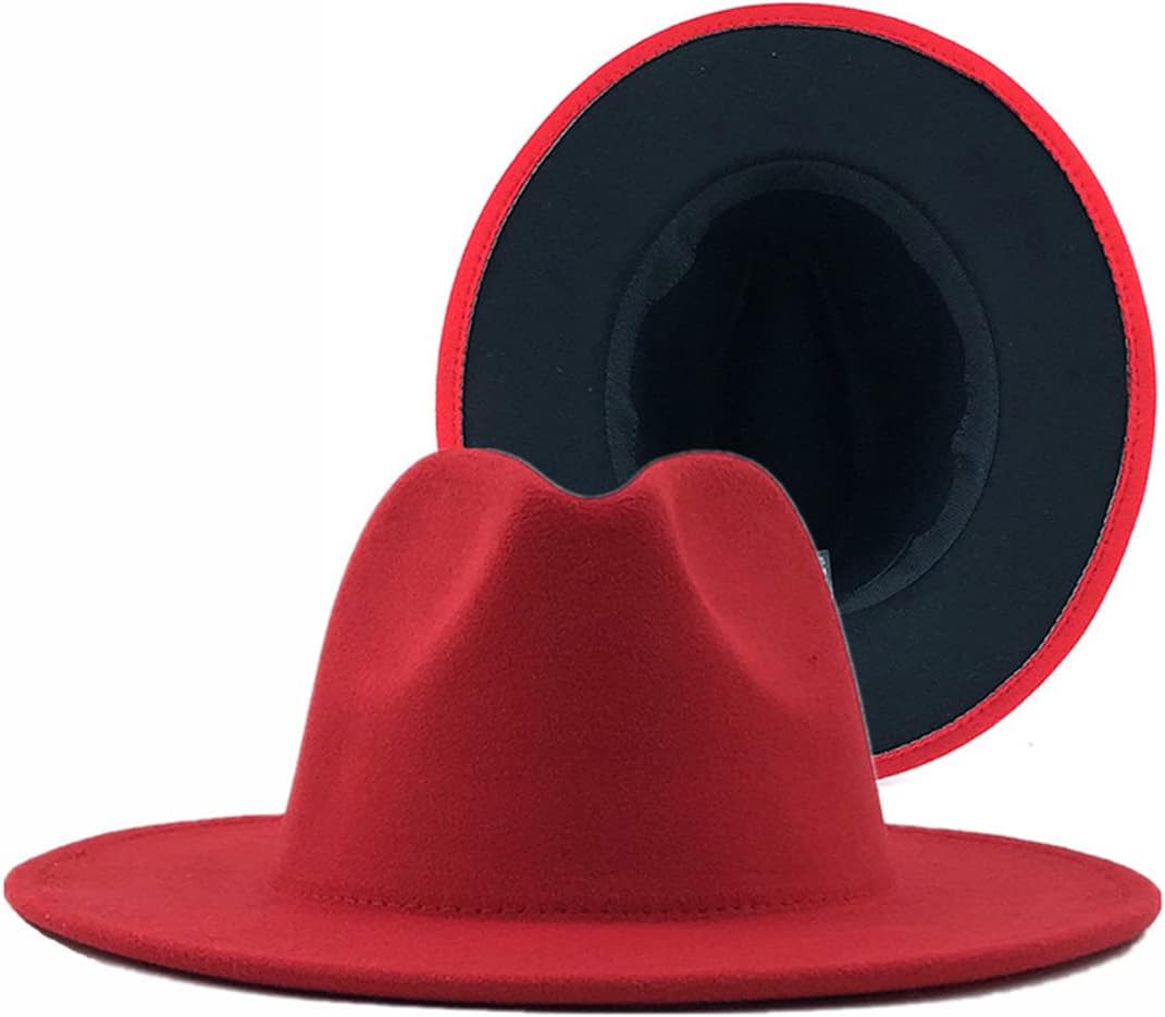 Gray Red Patchwork Woolen Felt Jazz Fedora Hat Women Wide Brim Panama Cowboy Cap Men Wedding Hat