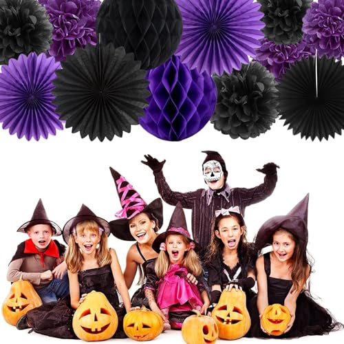 Image of Purple Black Happy-Halloween Party Decorations - 13PCS Spider Web Bats Streamers Banner ,Paper Flowers Lanterns Tissue Pom Poms Fans, Classroom Birthday Bachelorette Hanging Supplies Decor Hugfond