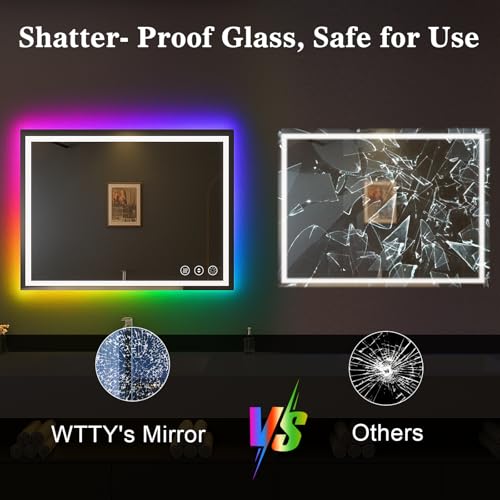 Image of WTTY LED Bathroom Mirror 48 inchx36 inch with RGB Backlit and Front Light,Stepless Dimmable LED Mirror for Bathroom,Colored Lighted Bathroom Vanity Mirror,Anti-Fog,Memory Function,Shatter-Proof