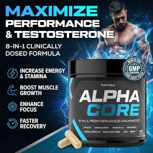 Image of Alpha Core 8-in-1 Testosterone Booster for Men - Shilajit, Tongkat Ali, Fadogia Agrestis, Ashwagandha & Fenugreek Complex - Zinc & Boron for Energy & Strength - 120 Capsules (2 Month Supply)