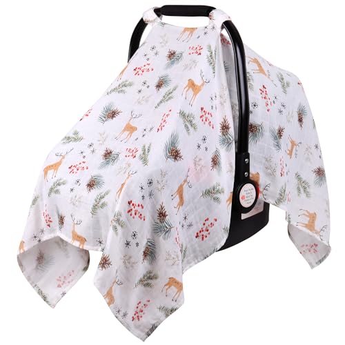 Image of Rquite Deer Carseat Covers - Muslin Cotton Infant Car Seat Canopy, Breathable Baby Carrier Cover, Summer Stroller Sun Shade