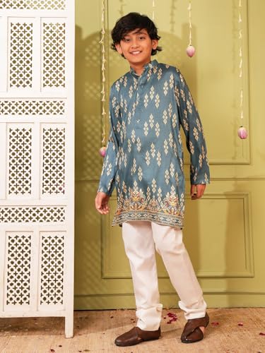 Image of AJ DEZINES Kurta Pajama For Kids Boys | Cotton Printed Chikankari Kurta Pyjama Set For Boys | Traditional & Festive Outfit | Party & Ethnic Wear | Stylish Kids Kurta Set