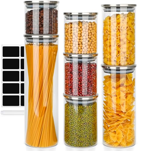 Otauoaea Tarros de Cristal con Tapa Aceros Inoxidables, Juego de 7Botes Cristal Grandes, Frascos de Vidrio para Cereales Espaguetis Pasta(1300ml,700ml,400ml,1000ml,450ml,2 * 550ml)
