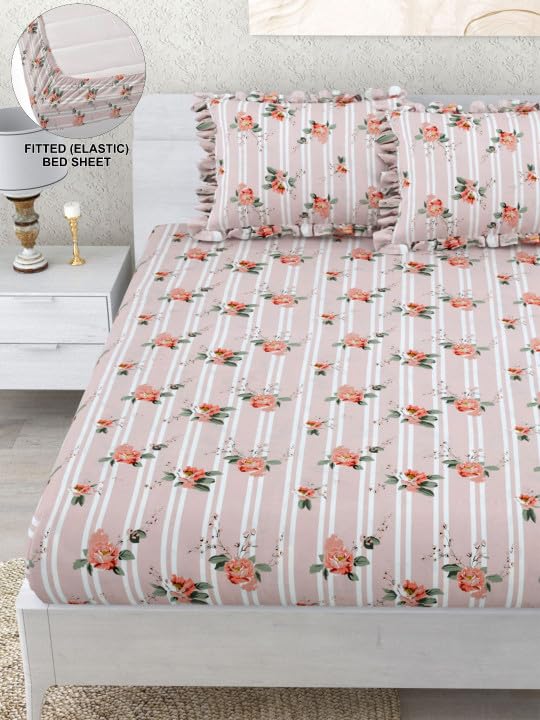 Image of 380 TC Premium Glace Cotton Elastic Fitted Bedsheet King Size with 2 Pillow Covers King Size | Double Bed with All Around Elastic (PinkRose, Fitted - 72 inchx78 inch King)