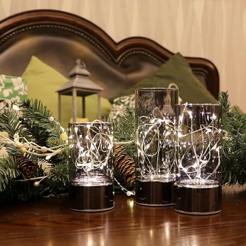 Rhytsing 3er-Set Glaszylinderlaternen mit Lichterkette, flammenlose Led Kerze mit Timerfunktion Grau