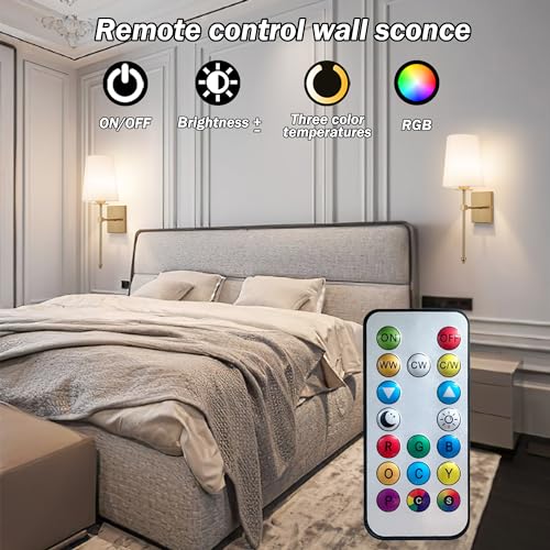 Image of Slim Wall light Fixture Battery Operated Wall Sconce Set Of Two White Fabric Shade Wall Sconce with Remote Control, Indoor Not Hardwired Dimmable Battery Powered Wall Lamp For Bedroom, Bulb Included (