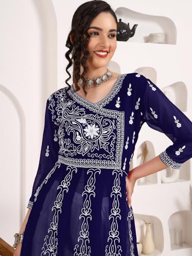 Image of EthnicJunction Women's Georgette Regular Fit Anarkali Embroidered Chikankari Work Angrakha Kurta