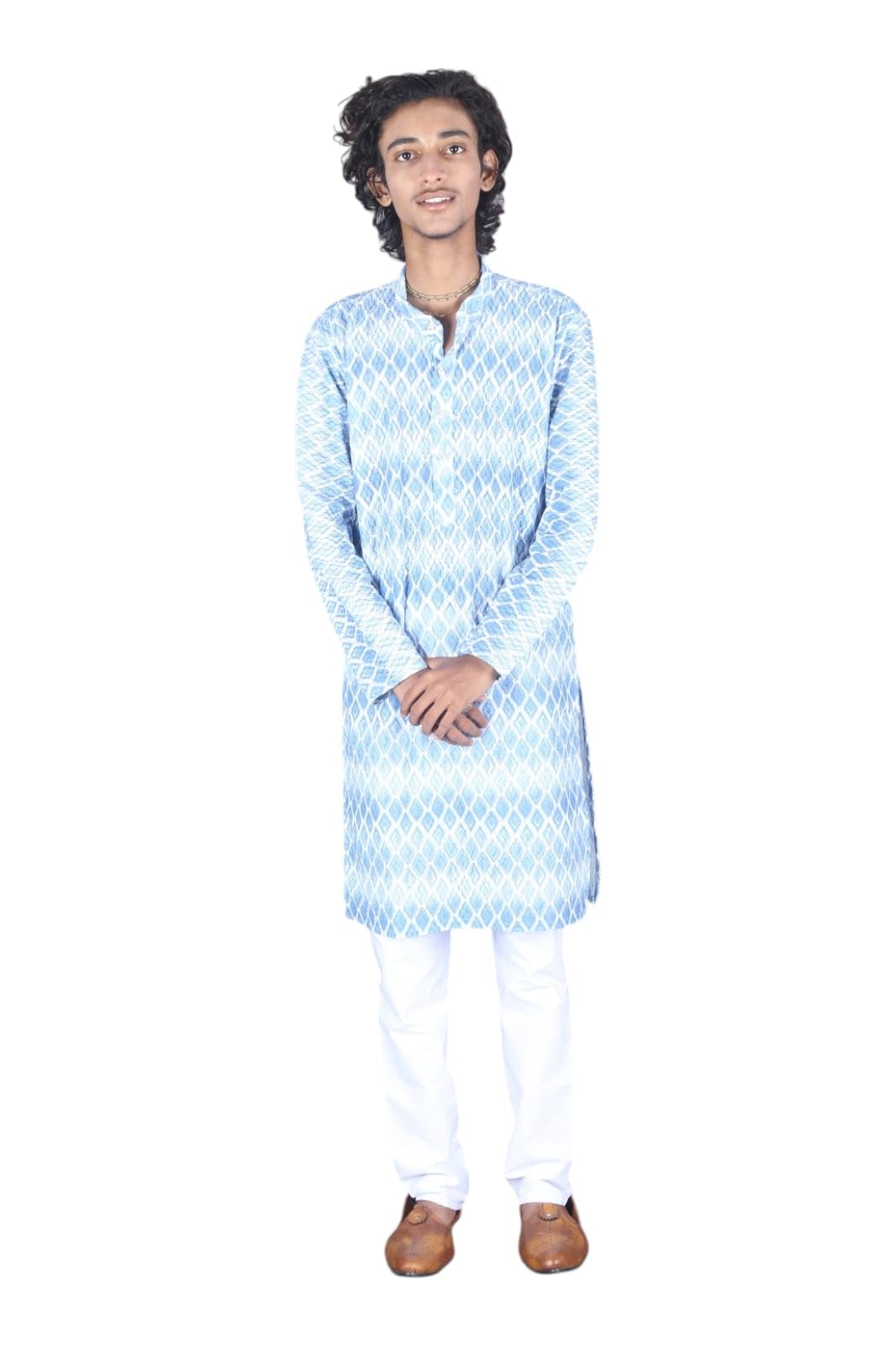 Male Light Blue Printed Kurti With Off-White Pants-image-36