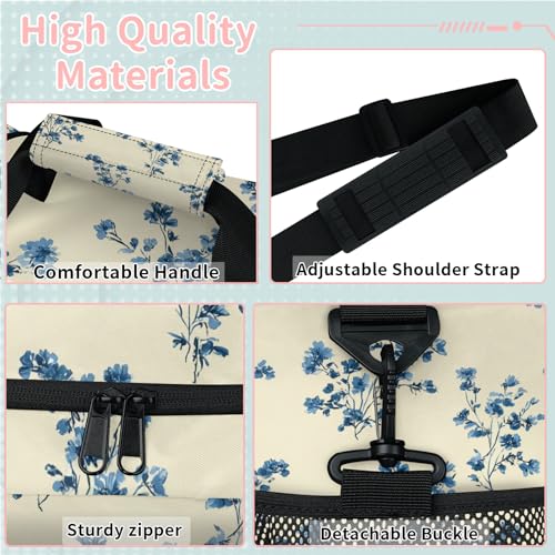 Flowers Blue Retro Travel Duffel Bag Weekender Overnight Bags for Women Men Foldable Waterproof Tote Bag with Trolley Sleeve3