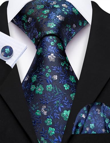 Image of Barry.Wang Flower Ties for Men Silk Woven Floral Tie Sets Necktie Handkerchief Cufflinks Wedding Party