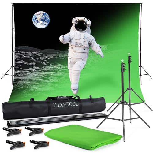 PIXETOOL Greenscreen (3m x 3m) mit Ständer (2,6m x 3m) - Fotohintergrund - Fotostudio Set – Green Screen - Hintergrund – Hintergrundstoffe - Stativ - 4 Klemmen – Gaming Streaming Fotografie Zubehör