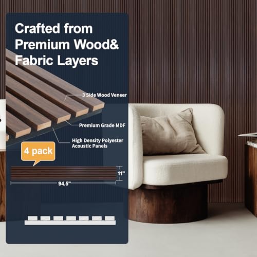 Image of NeatiEase Wood Panels for Wall, 4-Piece 94.5 inch x 11 inch Soundproof Wood Slat Wall Panel for Interior Wall Decor Noise Cancelling, Acoustic Wall Panels, Sound Absorbing Panel (Rustic Walnut)