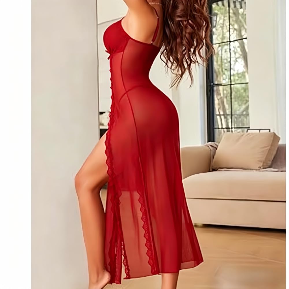 Sexy Damen-Dessous Nachtwäsche Babydoll aus Spitze und Netzstoff Langes Negligé Mit V-ausschnitt Netz-Nachthemd Mit Hohem Seitenschlitz Elegantes Negligé Mit Seitenschlitz Transparent
