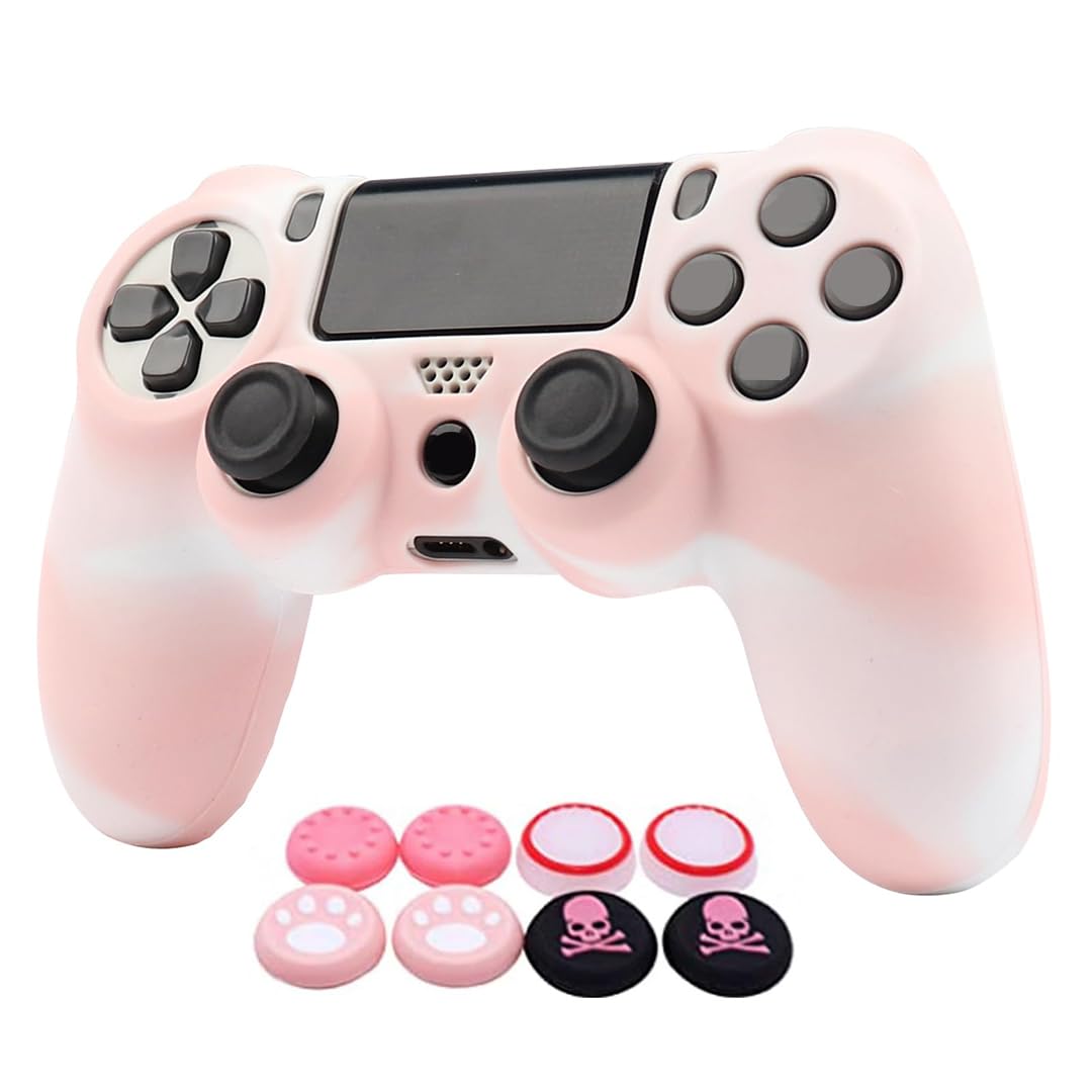 Ralan Pink Controller Skin Protector - Silicone Cover Compatible with PS4 Slim/PS4 Pro Controller (6 Pro Thumb Grips, 2 Skull Cap Grips)(Camouflage Pink + White Pink)