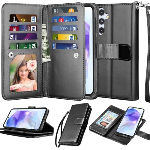 Njjex Wallet Case for Samsung Galaxy A35 5G/ Galaxy A55 5G, For Samsung Galaxy A35 5G/ A55 5G Case, [9 Card Slots] PU Leather Card Holder Folio Flip [Detachable] Kickstand Magnetic Phone Cover [Black]