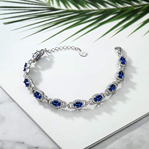 Gem Stone King 925 Sterling Silver Blue Created Sapphire Tennis Bracelet For Women (10.20 Cttw, Oval 6X4MM, 7 Inch With 1 Inch Extender) - Image 5
