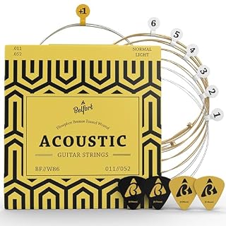 BELFORT® quality acoustic guitar strings – 6 string set – Premium coating with Phosphor Bronze (guitar strings acoustic 6 string set) BONUS: 4 Picks + 1 High E String – cuerdas para guitarra acustica - Les Beatles, Paul McCartney, John Lennon, RIngo Starr, George Harrison