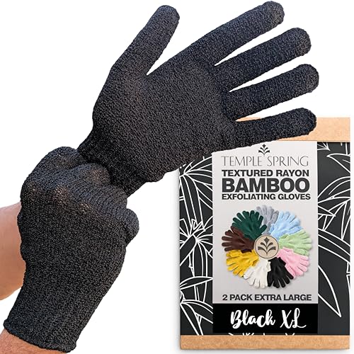 Temple Spring Exfoliating Glove, Carbonized Rayon Bamboo Body Scrubber, Loofah Exfoliating Mitt, Shower Scrubber Wash Cloth, Body Exfoliator Scrub, Loofa Shower Gloves Bath Sponge - Black XL