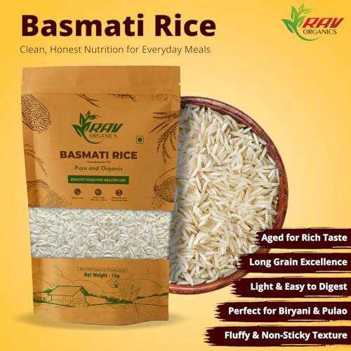 Image of Rav Organics Pusa 1121 Organic Basmati Rice 1kg | Naturally Aged Long-Grain Traditional Chawal with Rich Aroma | NPOP Certified, Non-GMO, 100% Natural | Chemical & Preservative Free