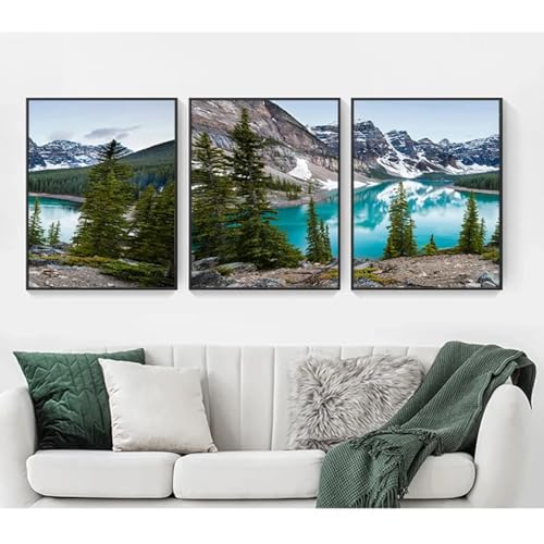 Peinture décorative forêt et montagne pour salon moderne grand format 3 pièces