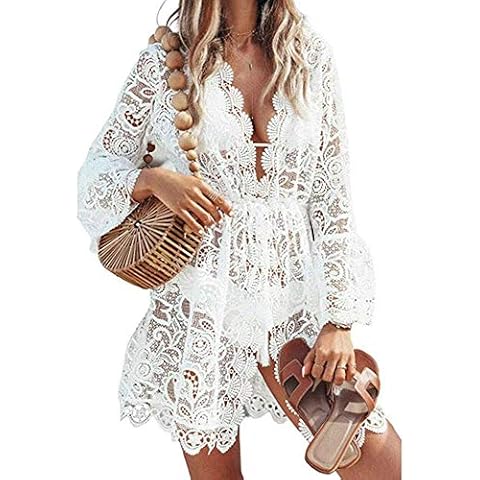 Women Crochet Lace Beach Dress See Through Mini Dress Hollow Out Floral Boho Poncho Long Sleeve Bikini Cover Up (White, S) Cover